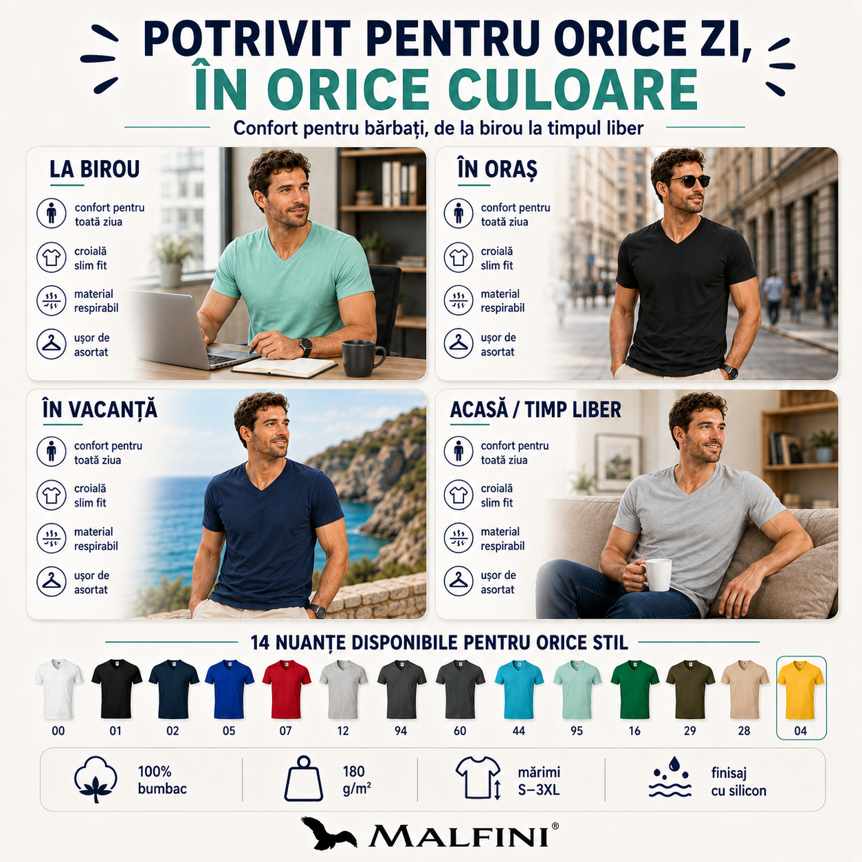 Tricou Malfini bărbați cu guler &icirc;n V, material 100% bumbac, 180 g/m&sup2;, slim fit, potrivit pentru personalizare